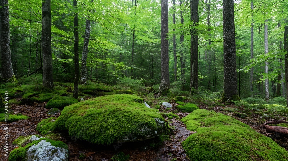 Fototapeta premium Lush Green Forest Scene with Mossy Rocks Underneath Towering Trees in a Tranquil Natural Environment : Generative AI