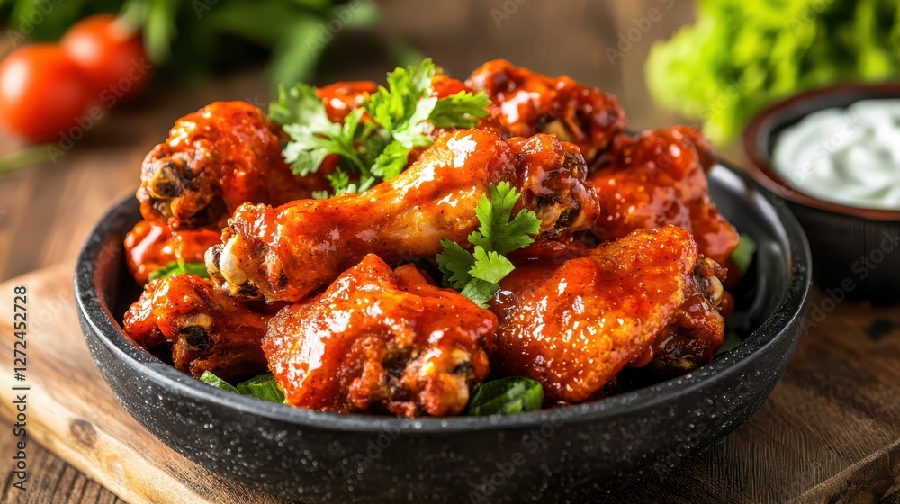 Delectable Fried Chicken Wings Tossed in Spicy Sauce and Herbs Delectable Fried Chicken Wings Tossed in Spicy Sauce and Herbs