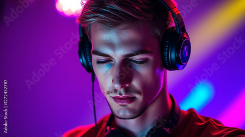 young man listening to music photo