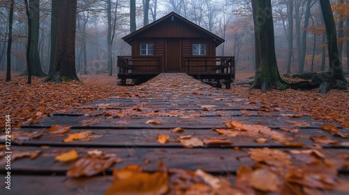 Autumn cabin, misty forest path, fall leaves, secluded retreat