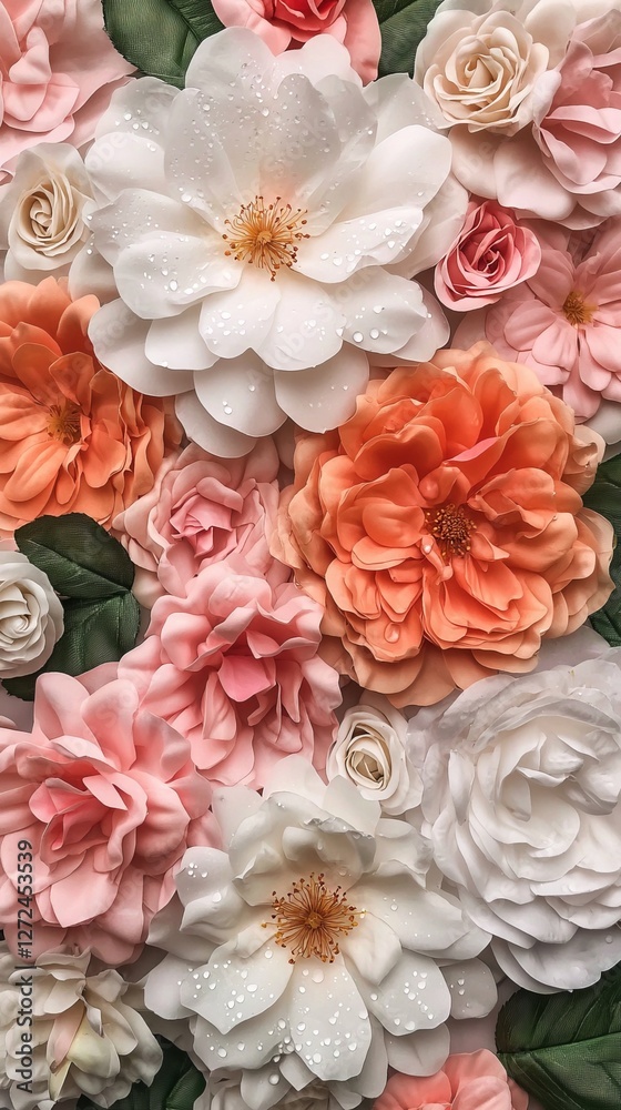 A vibrant arrangement of various roses and peonies in soft pastel colors A vibrant arrangement of various roses and peonies in soft pastel colors