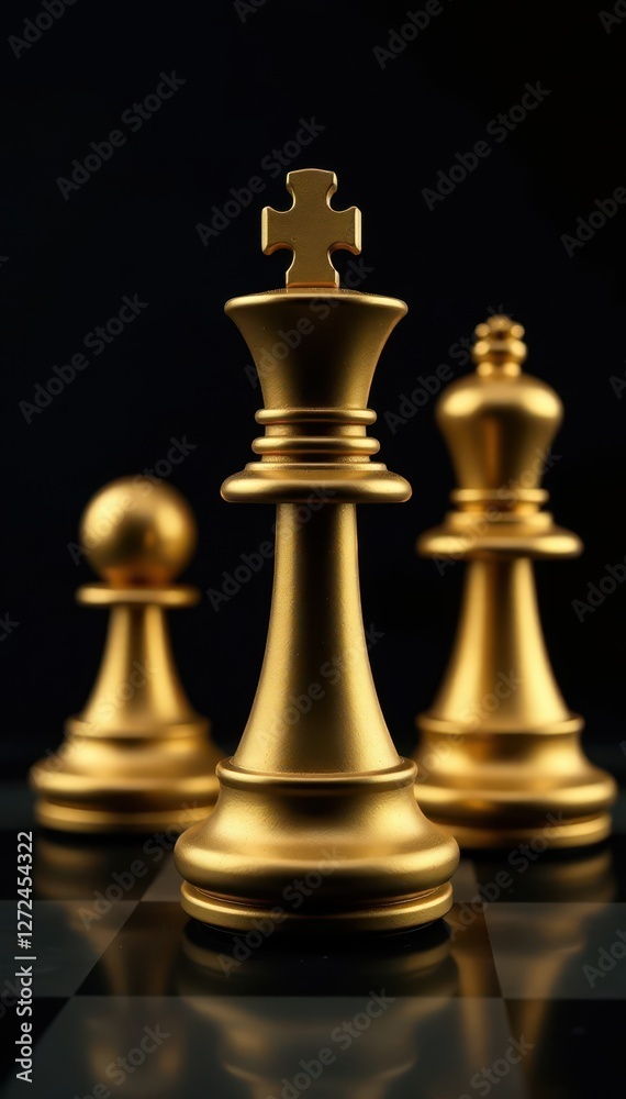 Elegant gold chess set; king, queen, bishop Sleek black backdrop , power, bishop Elegant gold chess set; king, queen, bishop Sleek black backdrop , power, bishop