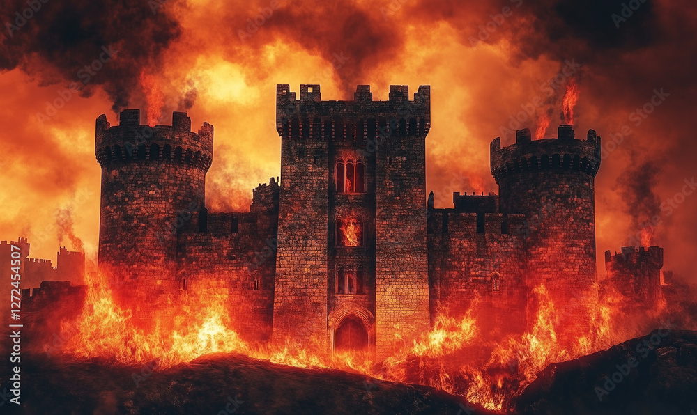 Fototapeta premium Medieval Castle Under Siege Surrounded By Fiery Battles And A Dramatic Scene Of Conflict