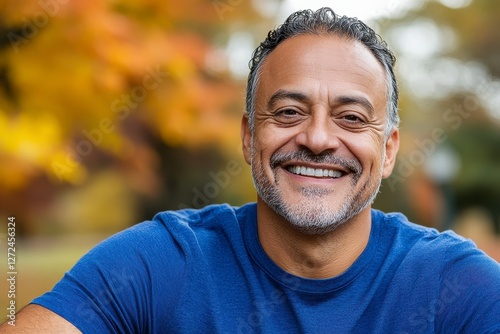 Smiling Middle-Aged Man in Blue Shirt Outdoors in Autumn