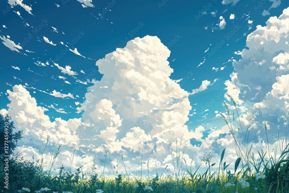 Fototapeta premium Serene landscape with fluffy clouds over a vibrant green field. Ideal for websites, blogs, and projects needing a peaceful, dreamy atmosphere.