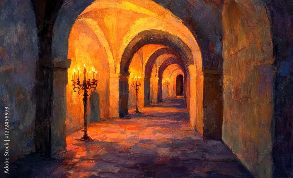 Obraz premium Warm and Inviting Interior of an Arched Corridor with Candlelight
