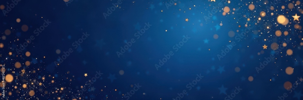 Naklejka premium Elegant midnight blue background with gold confetti and stars, backdrop, seasonal
