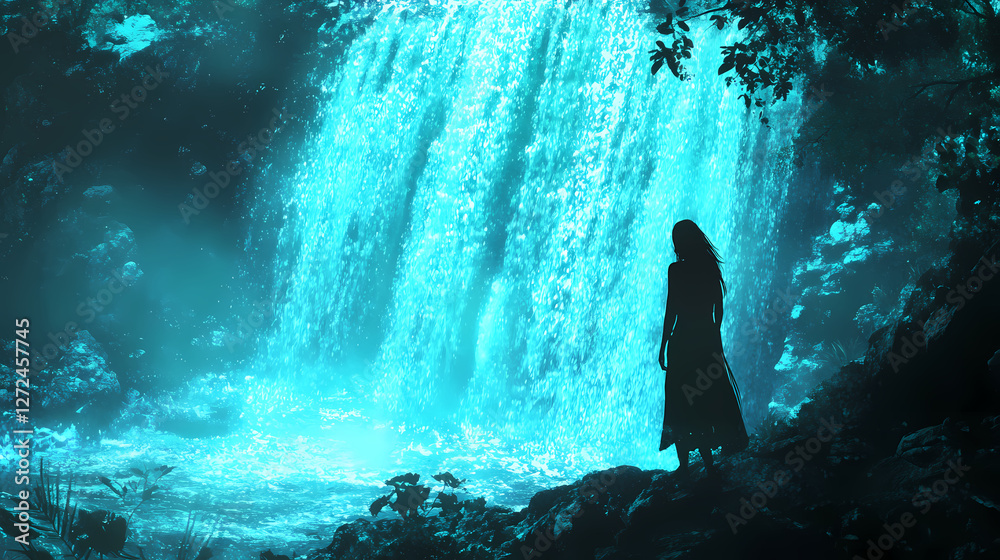 Fototapeta premium Woman silhouetted against magical underwater waterfall. Otherworldly Luminous Creatures. Illustration
