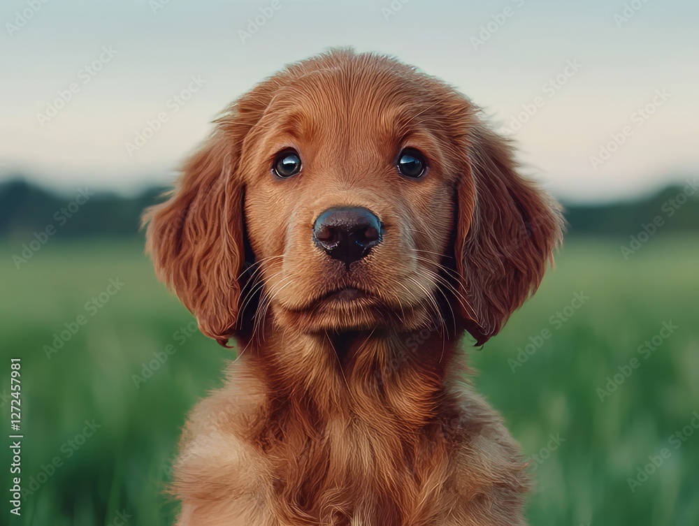 Adorable golden retriever puppy gazing curiously in a lush green field at sunset Adorable golden retriever puppy gazing curiously in a lush green field at sunset