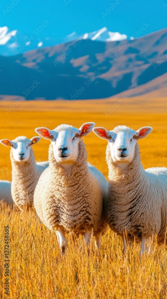 Fototapeta premium Three White Sheep in a Golden Field with Mountain Background