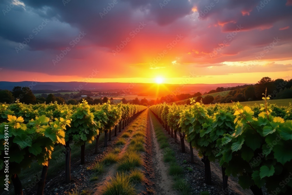 Fototapeta premium Dramatic sunset casts long shadows across vibrant vineyards , scenic, vista