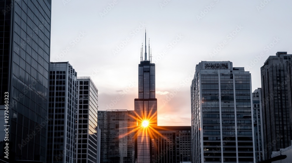 Fototapeta premium Stunning Sunset Cityscape Skyscrapers Urban Skyline Golden Hour