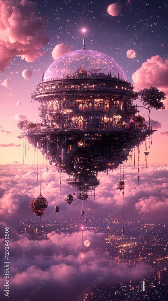 Obraz premium Celestial City A Floating Metropolis Above Clouds And Stars