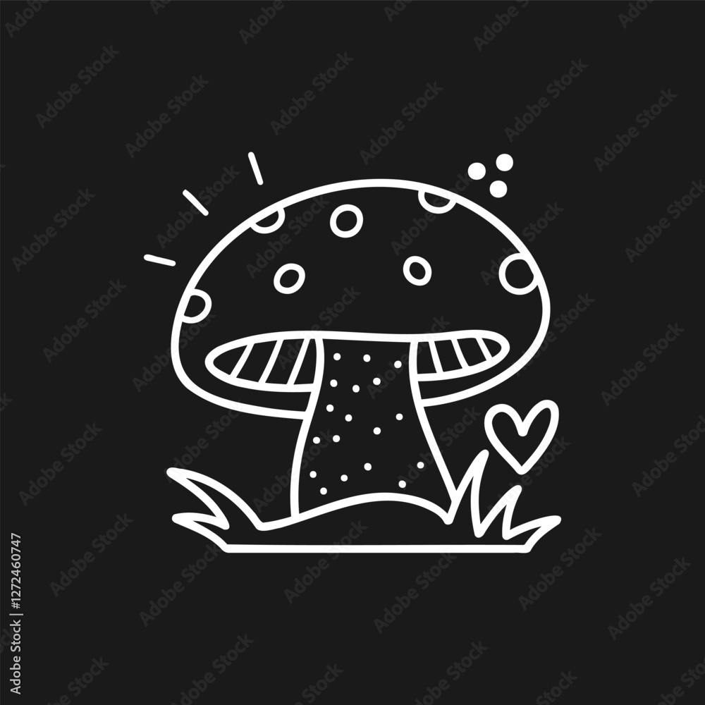 Cute mushroom illustration with playful design and heart on a dark background Cute mushroom illustration with playful design and heart on a dark background