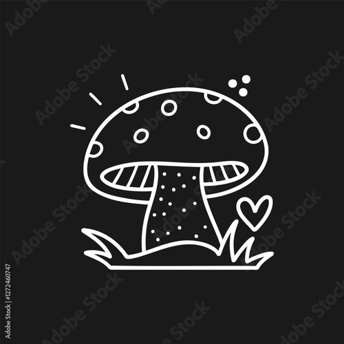 Cute mushroom illustration with playful design and heart on a dark background
