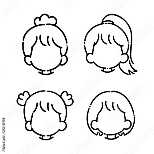 Different hairstyles depicted in a playful illustration of girls with varied hairdos in a simple style
