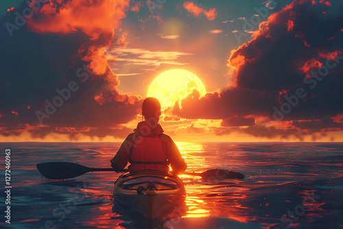 a woman in a life jacket sits on a kayak with oars, gazing at the sea against a sunset backdrop, capturing the essence of water sports photographed by jean edward amanda b