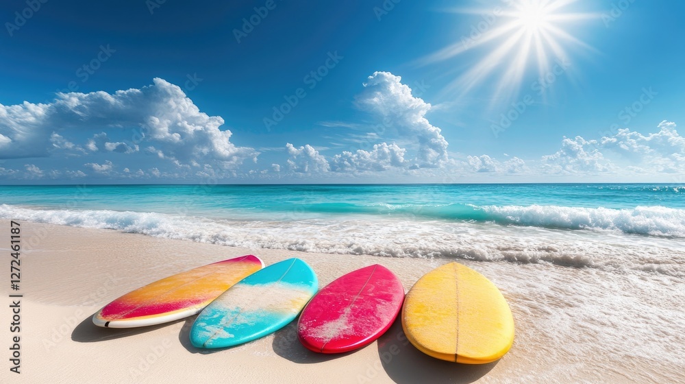 Surfboards of different shapes and colors resting on a sunny beach, with waves gently lapping at the shore. No people no text Surfboards of different shapes and colors resting on a sunny beach, with waves gently lapping at the shore. No people no text