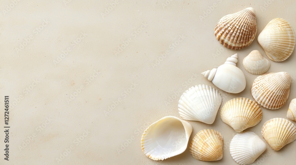 Obraz premium Assorted seashells arranged on a sandy surface, evoking a beach atmosphere