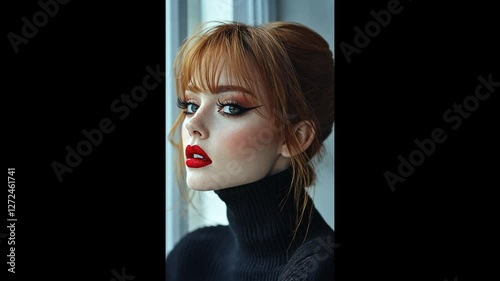 Redhead woman, turtleneck, window, studio, makeup, portrait, beauty, fashion, advert