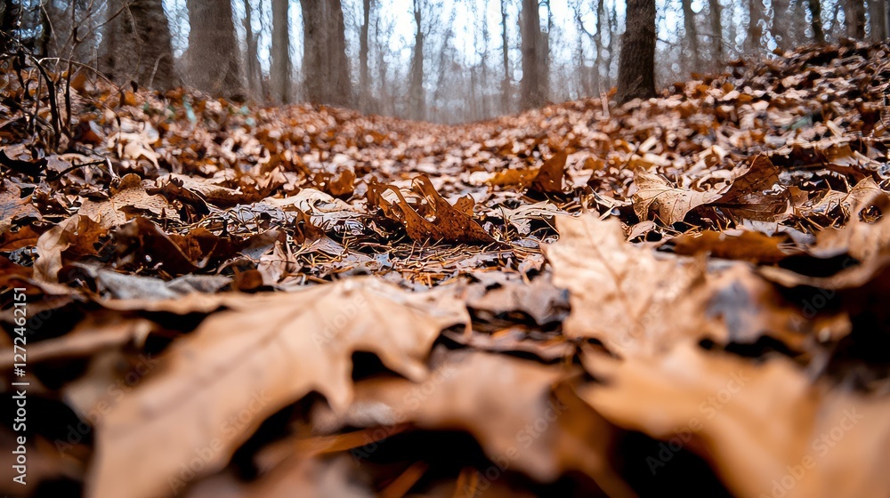 Autumn path through fallen leaves, forest floor perspective Autumn path through fallen leaves, forest floor perspective