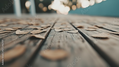 Autumn leaves scattered on wooden deck, soft sunlight filtering through trees