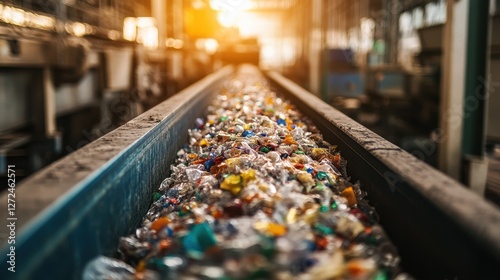 Wallpaper Mural Crushed plastic bottles on conveyor belt in recycling plant. Illustrates plastic recycling process and environmental responsibility. Torontodigital.ca