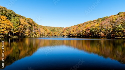 Autumnal lake reflecting colorful trees; serene landscape