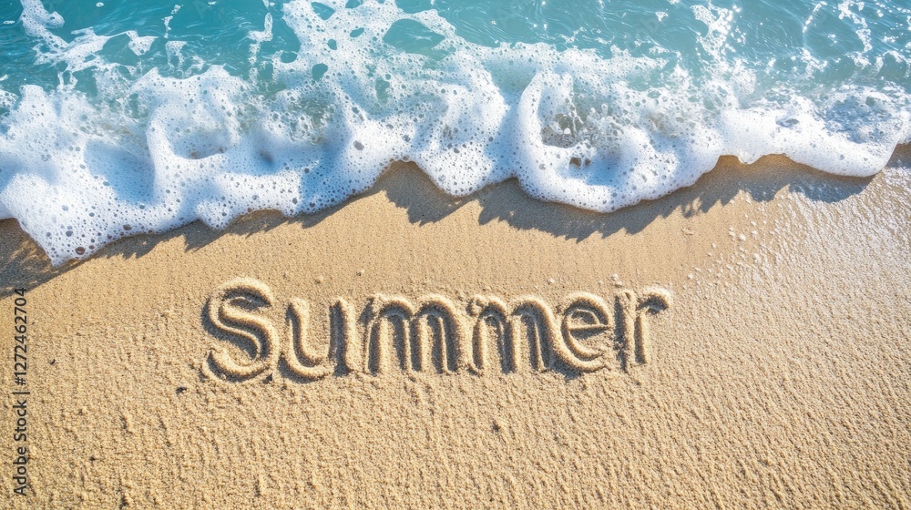 Fototapeta premium The word Summer etched into the soft sand, blue waves washing over it, highlighting the peacefulness and warmth of a beach holiday. No people no text