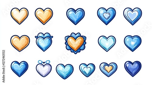 Blue and gold heart icons, digital design, white background, graphic elements photo