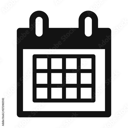 A black and white calendar icon featuring a grid representing dates and two loops on top symbolizing a hanging calendar.