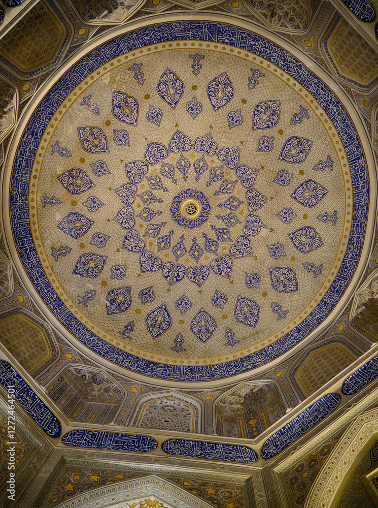 Intricate patterns and arabic script decorating the dome of a historical building, showcasing islamic art Intricate patterns and arabic script decorating the dome of a historical building, showcasing islamic art
