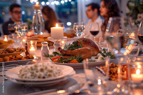 Elegant Shabbat dinner gathering with delicious food and warm atmosphere