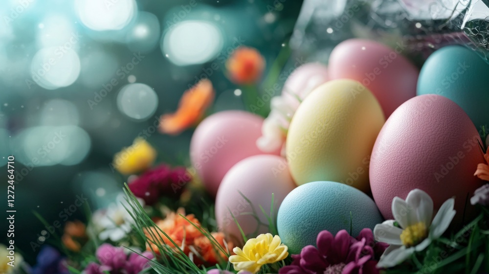 Pastel Easter Eggs in Spring Flowers Grass Pastel Easter Eggs in Spring Flowers Grass