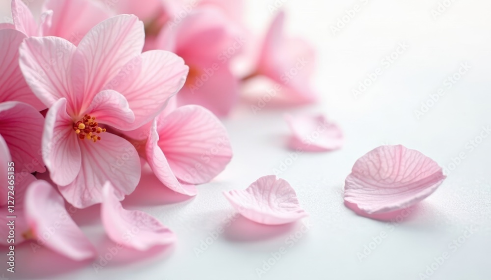 Delicate soft pink petals strewn across pure white , blossom, pastel Delicate soft pink petals strewn across pure white , blossom, pastel