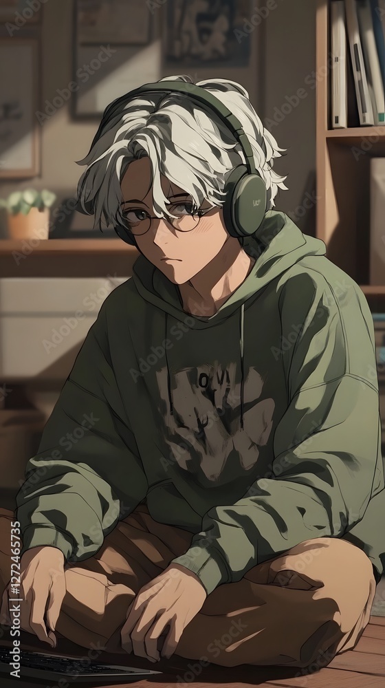 Obraz premium Focused young male in green hoodie with headphones, immersed in digital music creation.