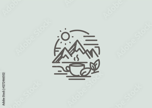 A serene tea cup and mountain logo representing relaxation, nature, and harmony with a peaceful style.