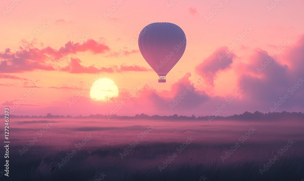 Fototapeta premium Majestic hot air balloon soaring over an expansive landscape, capturing the beauty of the sky
