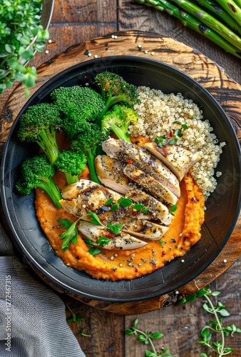 Delicious quinoa and grilled chicken bowl with fresh vegetables and sauce