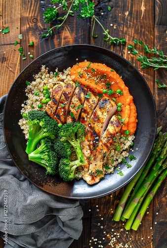 Healthy quinoa bowl with grilled chicken and vibrant vegetables for lunch