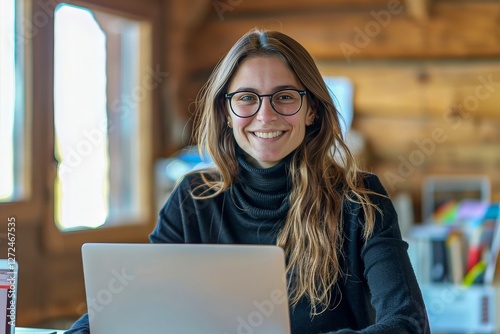 Beautiful woman smiling while working at a cozy wooden cabin