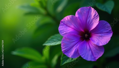 Close-up vibrant purple petals, lush green foliage, texture, blossom