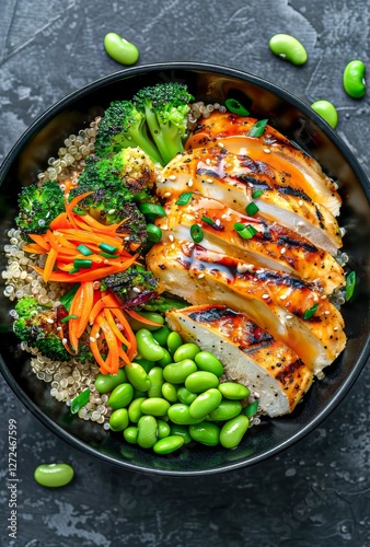 Healthy quinoa bowl with grilled chicken and fresh vegetables