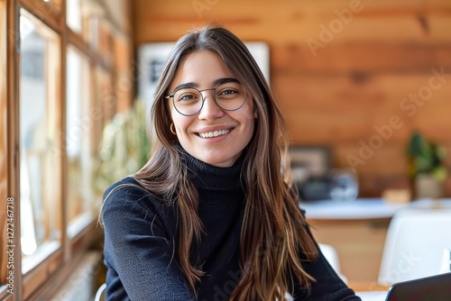 Smiling woman enjoying time indoors at a cozy cafe with sunlight streaming