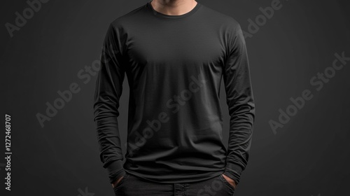 Studio Shot of a Man in a Black Long Sleeved Shirt with Dark Background