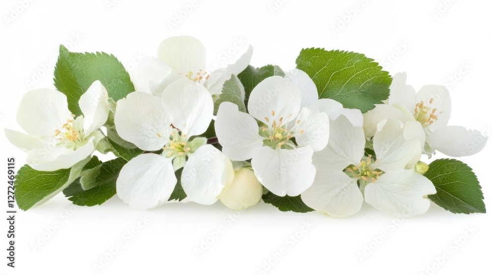 Fototapeta premium Delicate White Apple Blossoms with Fresh Green Leaves on White Background