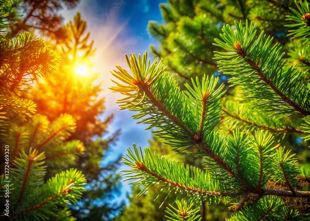 Fototapeta premium Majestic Pine Treetops: Upward View of Coniferous Canopy, Nature Background