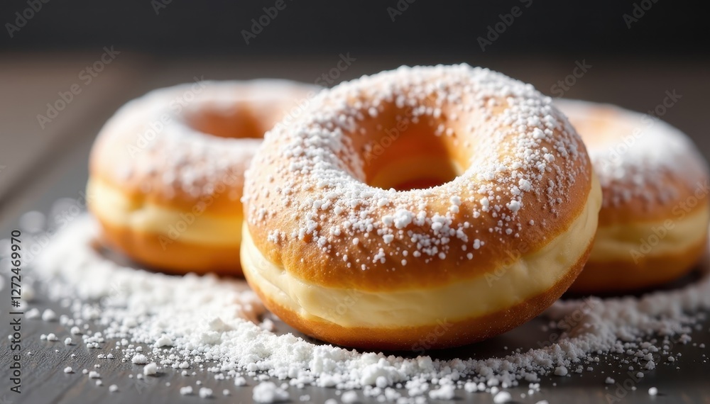 Close-up shot of fluffy donuts in powdered sugar, food background, pastry, powdered sugar Close-up shot of fluffy donuts in powdered sugar, food background, pastry, powdered sugar