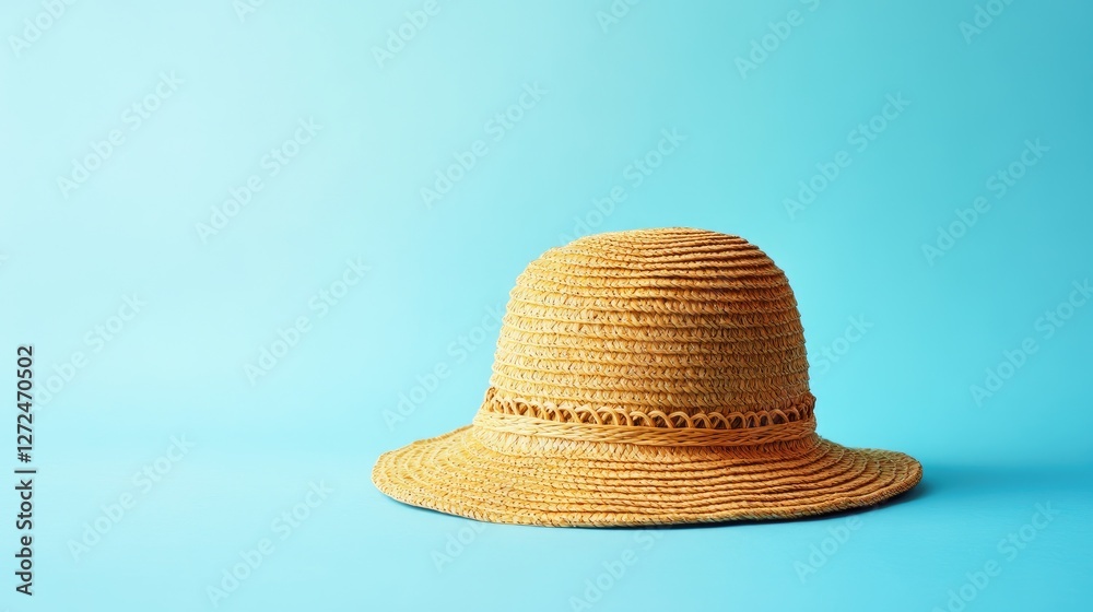 Woven straw hat with a decorative band on a bright sky-blue background, evoking summer beach vibes. No people no text Woven straw hat with a decorative band on a bright sky-blue background, evoking summer beach vibes. No people no text