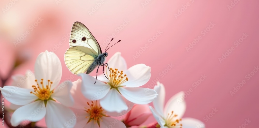 Delicate butterfly rests on pristine white blossoms, soft pink backdrop , beauty, idyllic Delicate butterfly rests on pristine white blossoms, soft pink backdrop , beauty, idyllic